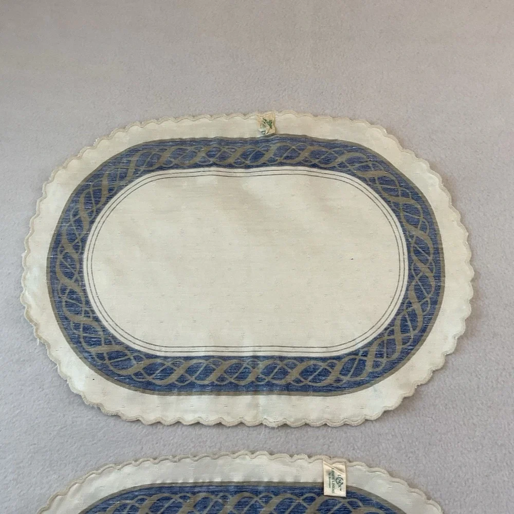 Lenox Hamilton Oval Placemats Cloth Set Of 2 Ivory Gold Navy Blue Vintage Lot #5